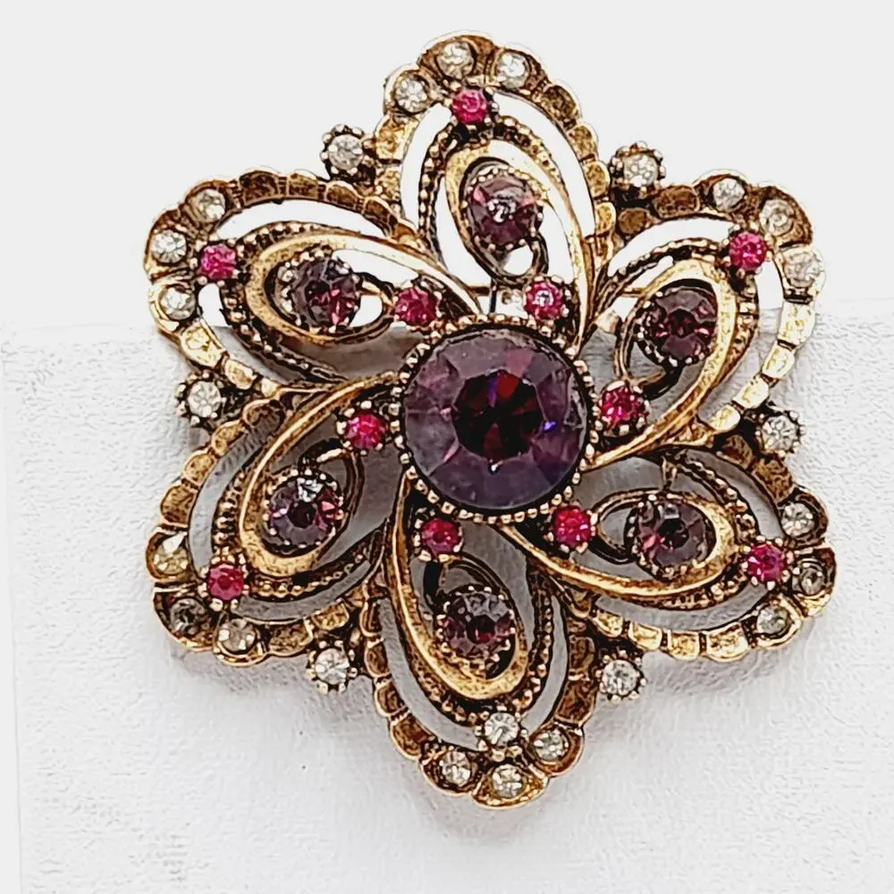 Vintage ART Arthur Pepper Rhinestone Brooch Purple Pink Clear Floral Design
